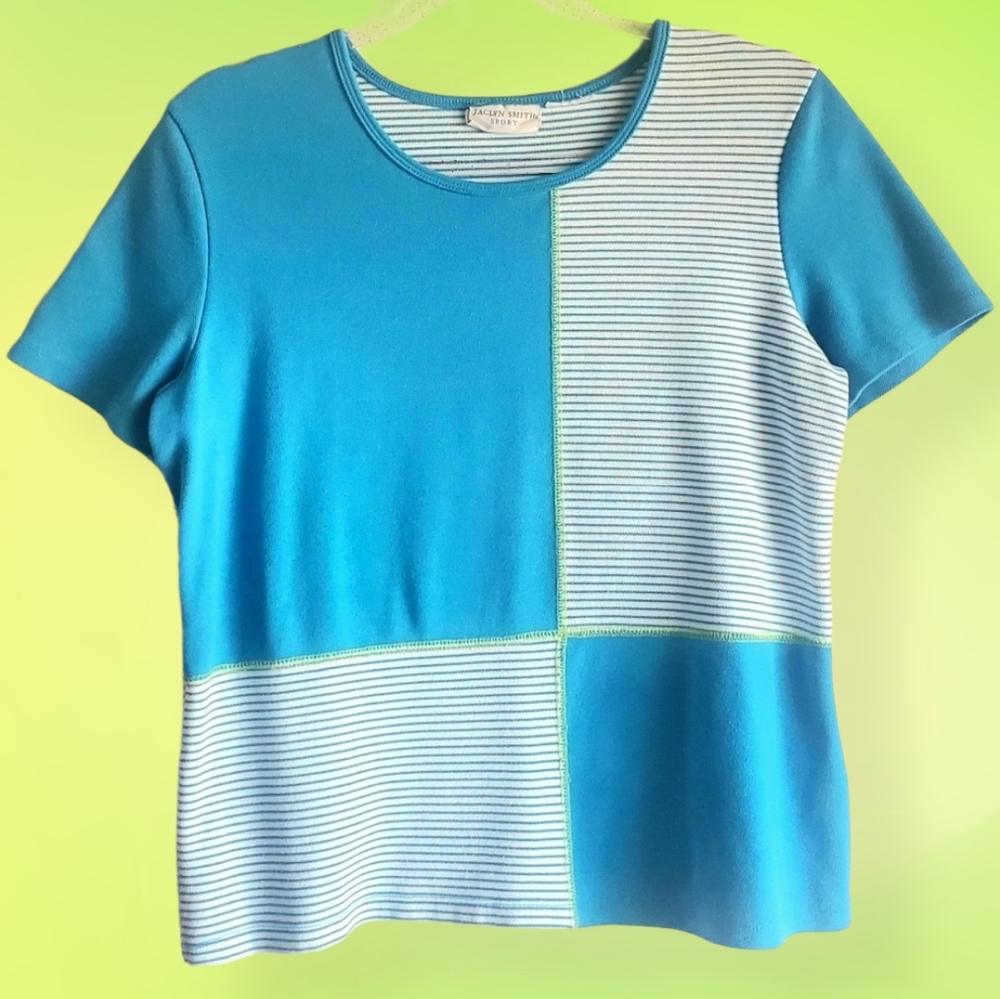 💚90's Colorblock Neon Green Blue Striped Top💚